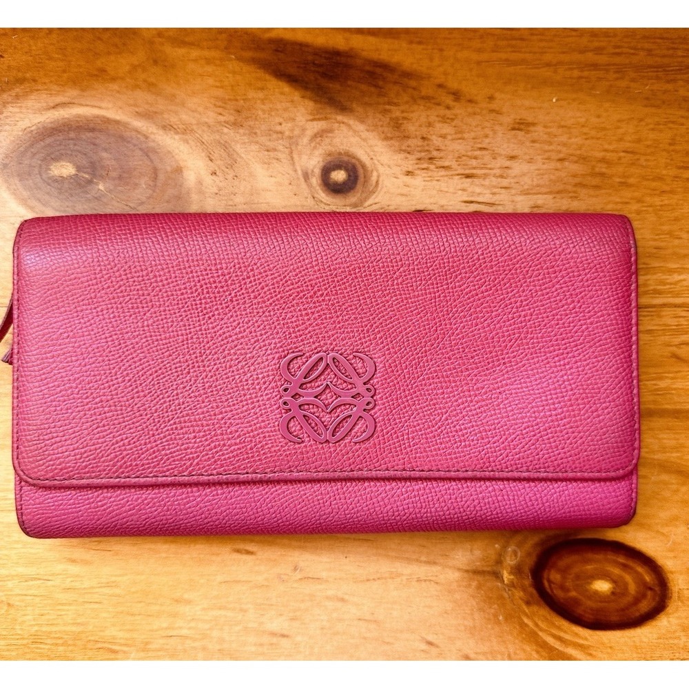 LOEWE Bi-fold Long Wallet Dark Pink 7.5" X 4" X 1"  With Bust Bag Pre-owned‎